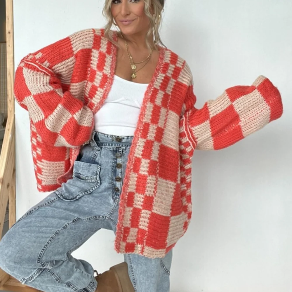 Plaid & Cozy Days Cardigan - Red Orange - Picture 9 of 9